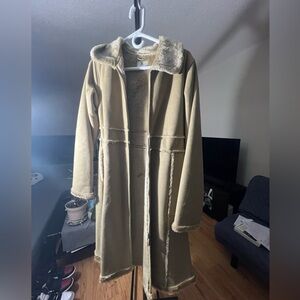 deux par deux Long Hooded Faux Shearling Trench Coat - Tan